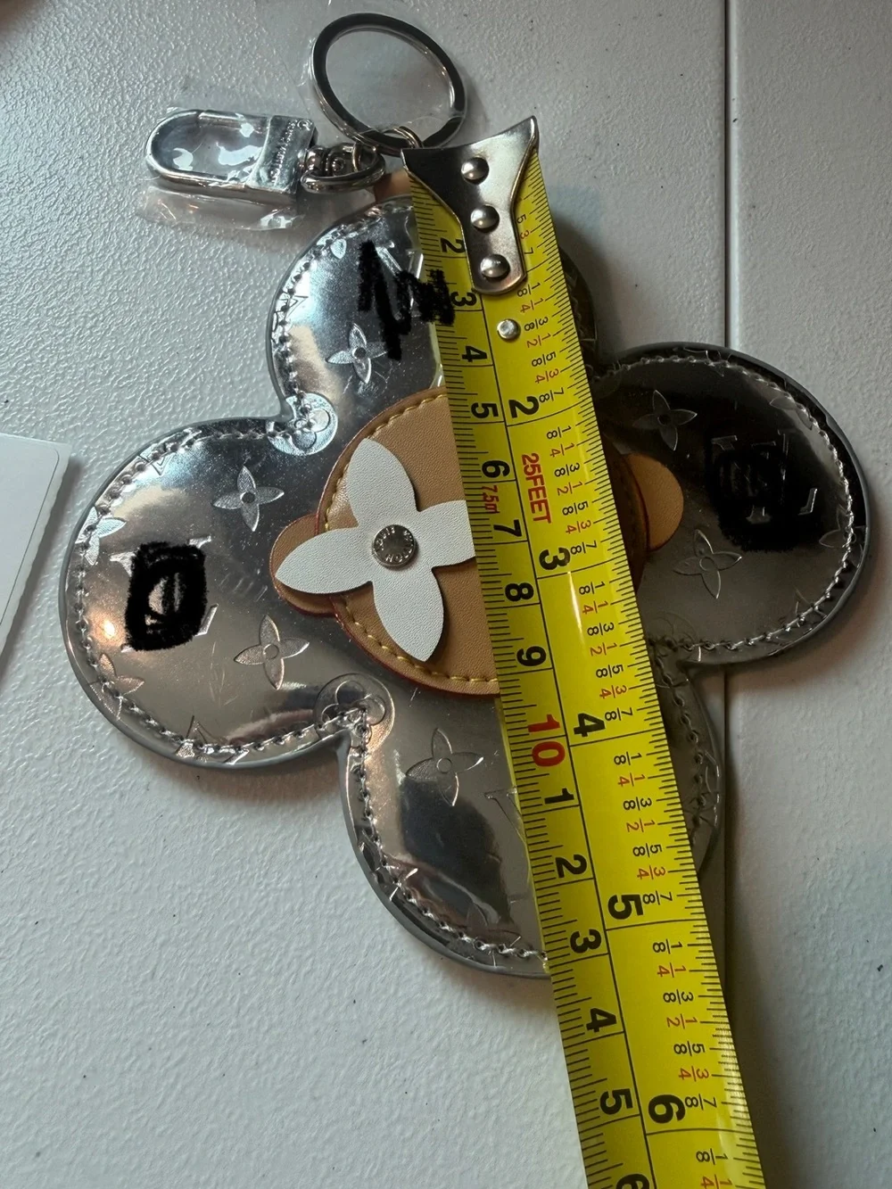 Designer-Inspired Silver & Tan Flower Keychain with White Accent